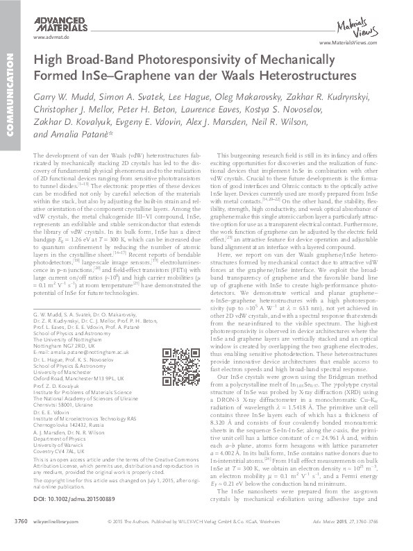 High Broad-Band Photoresponsivity of Mechanically Formed InSe-Graphene van der Waals Heterostructures Thumbnail