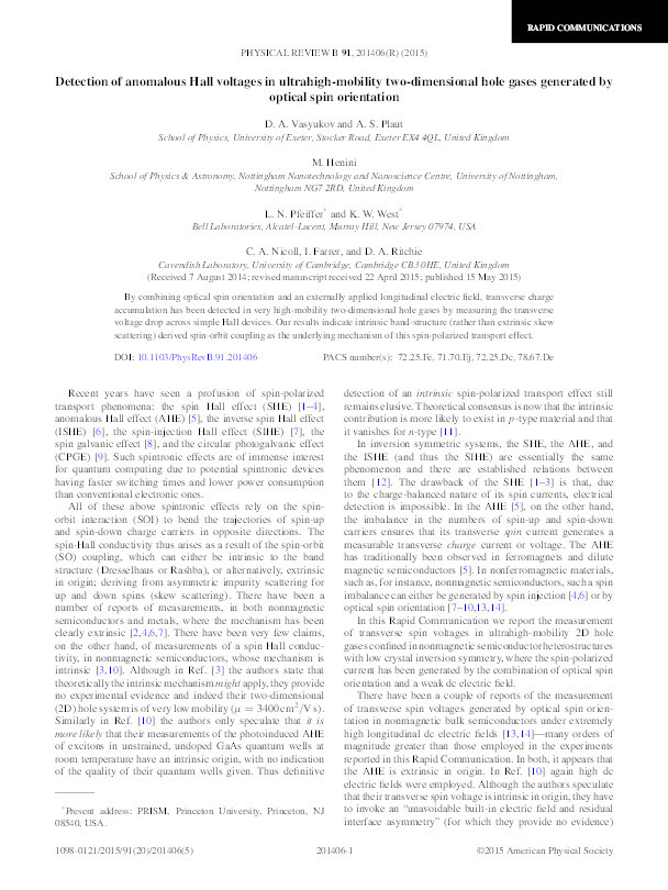 Detection of anomalous Hall voltages in ultrahigh-mobility two-dimensional hole gases generated by optical spin orientation Thumbnail