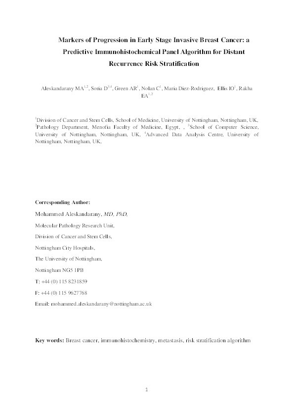 Markers of progression in early-stage invasive breast cancer: a predictive immunohistochemical panel algorithm for distant recurrence risk stratification Thumbnail