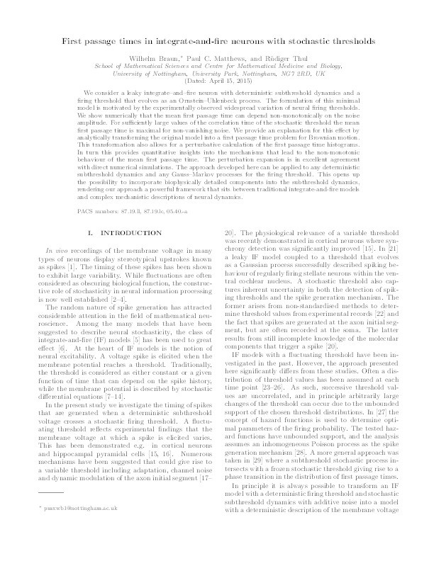 First passage times in integrate-and-fire neurons with stochastic thresholds Thumbnail