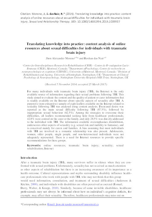 Translating knowledge into practice: content analysis of online resources about sexual difficulties for individuals with traumatic brain injury Thumbnail