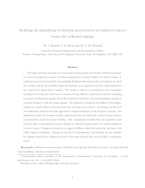 Modelling the degradation of vibration characteristics of reinforced concrete beams due to flexural damage Thumbnail