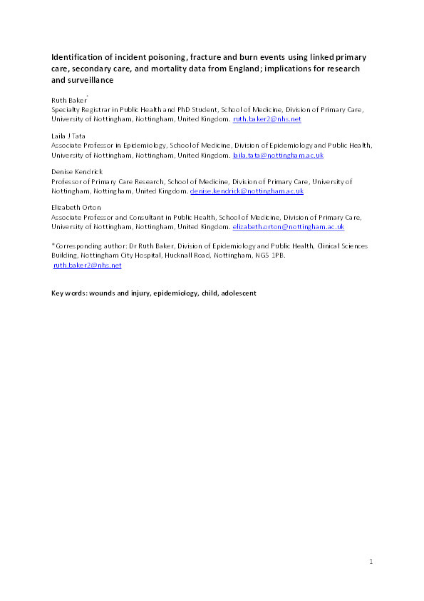 Identification of incident poisoning, fracture and burn events using linked primary care, secondary care, and mortality data from England: implications for research and surveillance Thumbnail