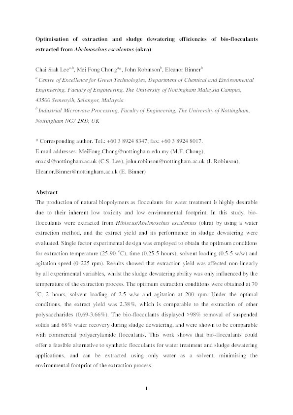 Optimisation of extraction and sludge dewatering efficiencies of bio-flocculants extracted from Abelmoschus esculentus (okra) Thumbnail