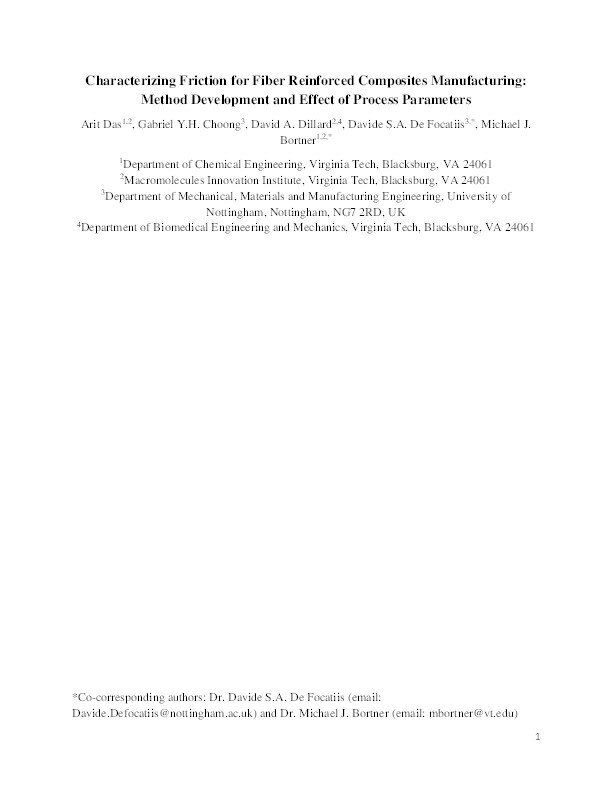 Characterizing friction for fiber reinforced composites manufacturing: Method development and effect of process parameters Thumbnail