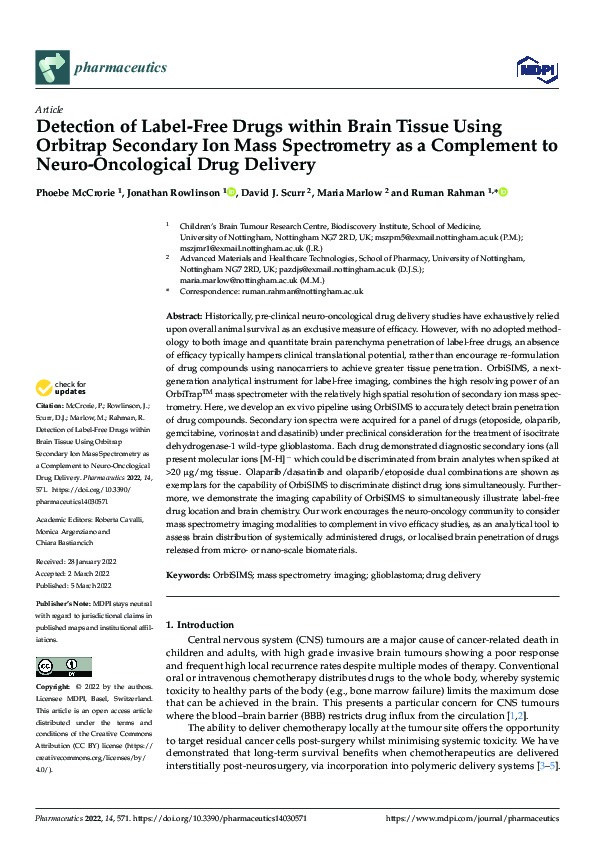 Detection of Label-Free Drugs within Brain Tissue Using Orbitrap Secondary Ion Mass Spectrometry as a Complement to Neuro-Oncological Drug Delivery Thumbnail