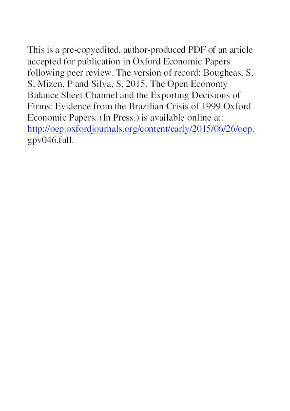 The open economy balance sheet channel and the exporting decisions of firms: evidence from the Brazilian crisis of 1999 Thumbnail