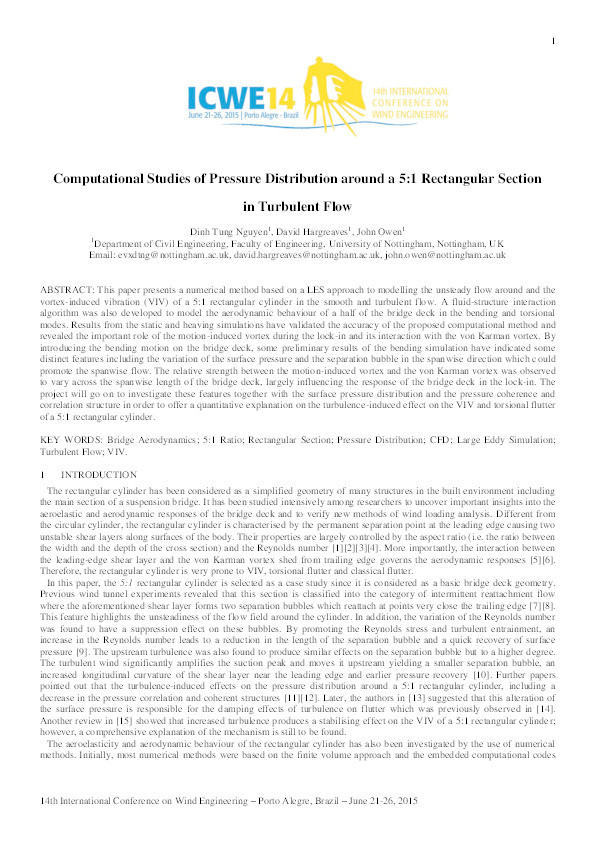 Computational studies of pressure distribution around a 5:1 rectangular section in turbulent flow Thumbnail