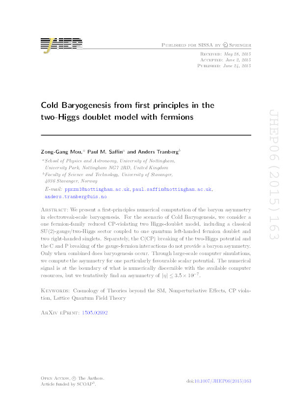 Cold Baryogenesis from first principles in the two-Higgs doublet model with fermions Thumbnail