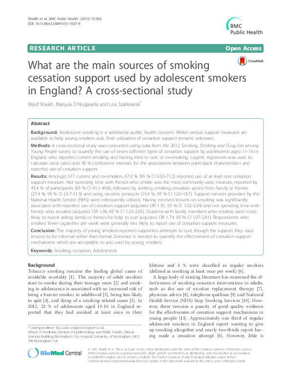 What are the main sources of smoking cessation support used by adolescent smokers in England?: a cross-sectional study Thumbnail