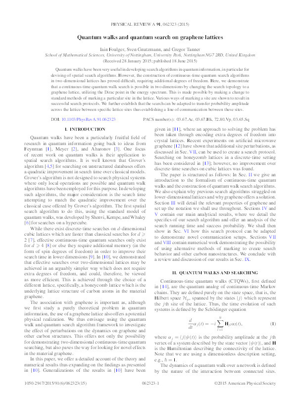 Quantum walks and quantum search on graphene lattices Thumbnail