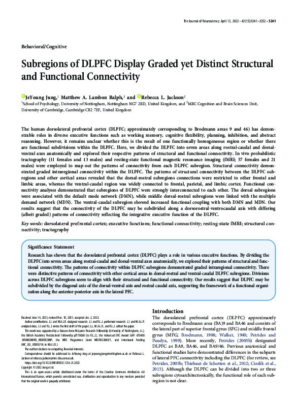 Subregions of DLPFC Display Graded yet Distinct Structural and Functional Connectivity Thumbnail