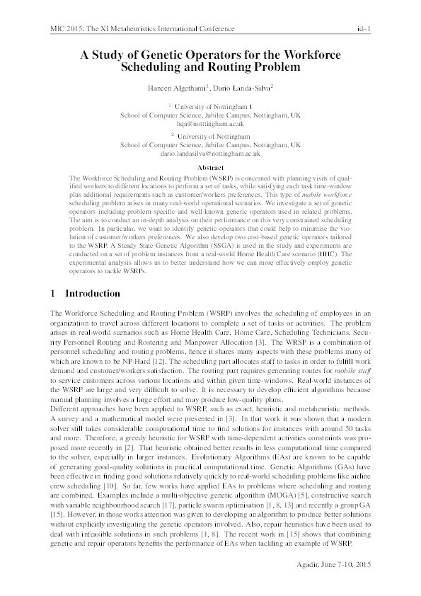 A study of genetic operators for the Workforce Scheduling and Routing Problem Thumbnail