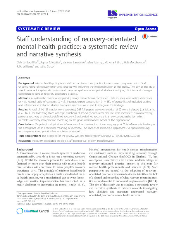 Staff understanding of recovery-orientated mental health practice: a systematic review and narrative synthesis Thumbnail