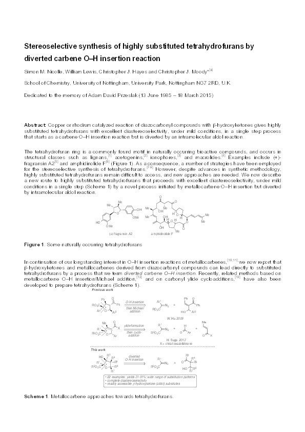 Stereoselective synthesis of highly substituted tetrahydrofurans by diverted carbene O–H insertion reaction Thumbnail