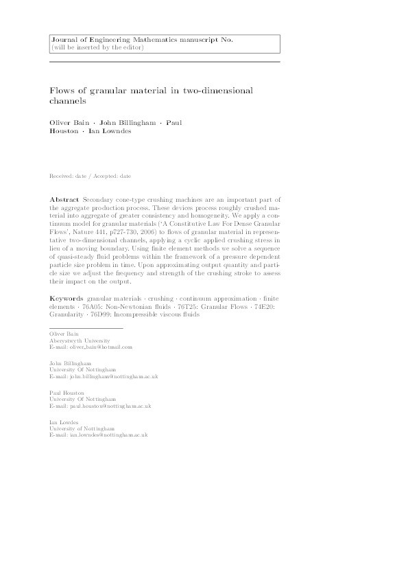 Flows of granular material in two-dimensional channels Thumbnail