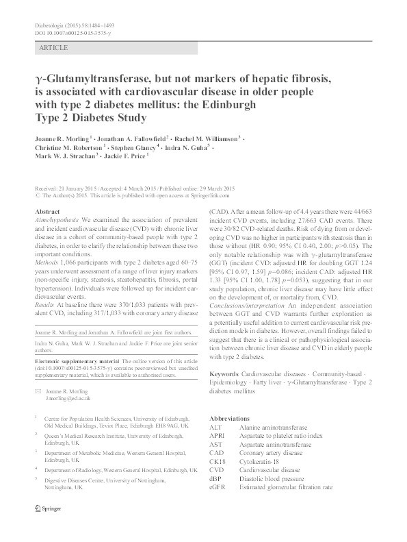 γ-Glutamyltransferase, but not markers of hepatic fibrosis, is associated with cardiovascular disease in older people with type 2 diabetes mellitus: the Edinburgh Type 2 Diabetes Study Thumbnail