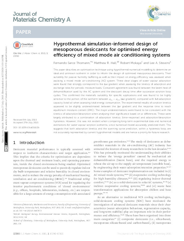 Hygrothermal simulation-informed design of mesoporous desiccants for optimised energy efficiency of mixed mode air conditioning systems Thumbnail