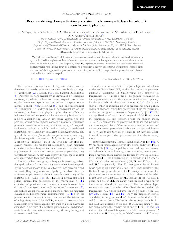 Resonant driving of magnetization precession in a ferromagnetic layer by coherent monochromatic phonons Thumbnail