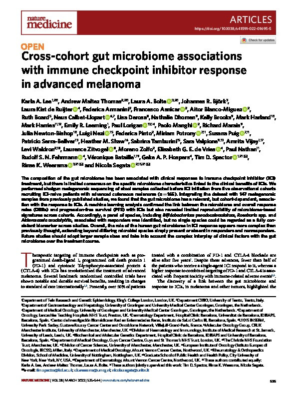 Cross-cohort gut microbiome associations with immune checkpoint inhibitor response in advanced melanoma Thumbnail