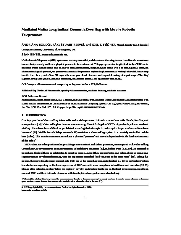 Mediated Visits: Longitudinal Domestic Dwelling with Mobile Robotic Telepresence Thumbnail