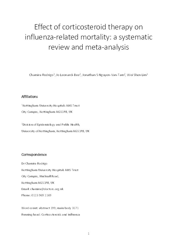 Effect of Corticosteroid Therapy on Influenza-Related Mortality: A Systematic Review and Meta-analysis Thumbnail