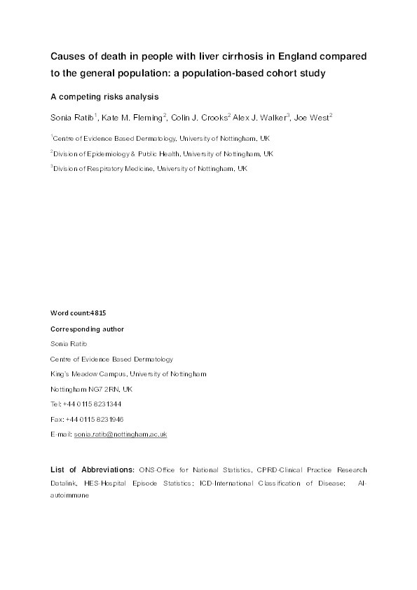 Causes of death in people with liver cirrhosis in England compared to the general population: a population-based cohort study Thumbnail