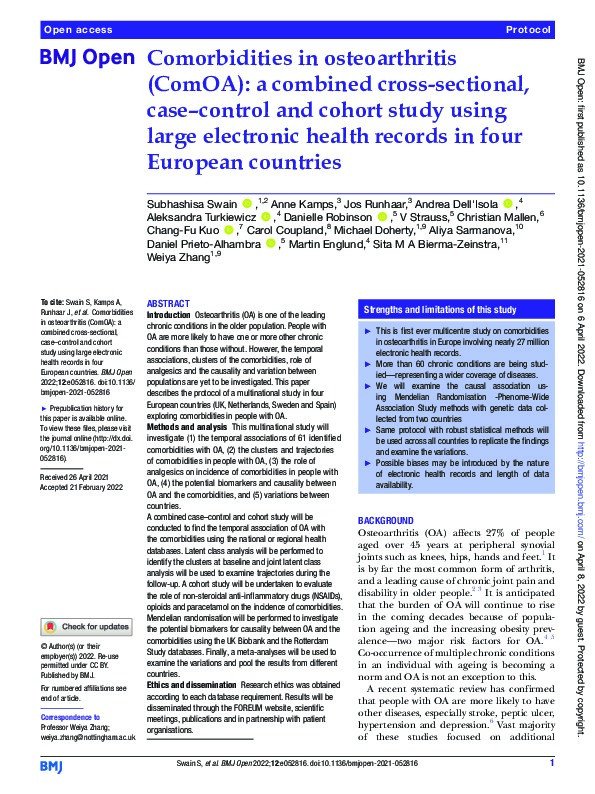 Comorbidities in osteoarthritis (ComOA): a combined cross-sectional, case–control and cohort study using large electronic health records in four European countries Thumbnail