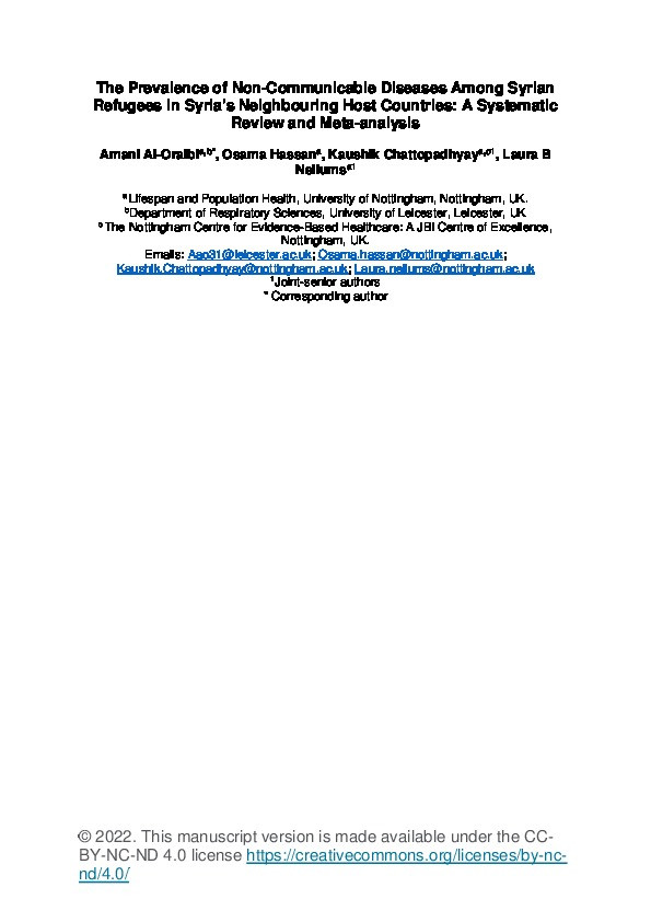 The prevalence of non-communicable diseases among Syrian refugees in Syria's neighbouring host countries: a systematic review and meta-analysis Thumbnail