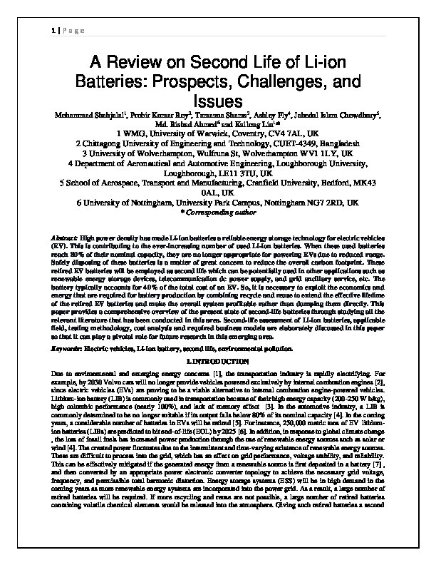 A review on second-life of Li-ion batteries: prospects, challenges, and issues Thumbnail