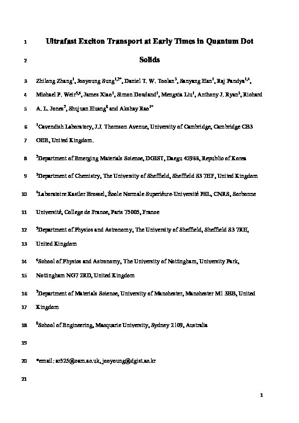 Ultrafast exciton transport at early times in quantum dot solids Thumbnail