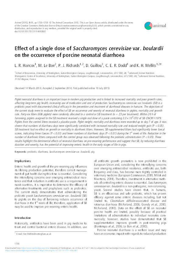Effect of a single dose of Saccharomyces cerevisiae var. boulardii on the occurrence of porcine neonatal diarrhoea Thumbnail