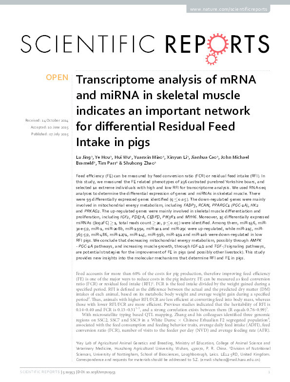 Transcriptome analysis of mRNA and miRNA in skeletal muscle indicates an important network for differential Residual Feed Intake in pigs Thumbnail