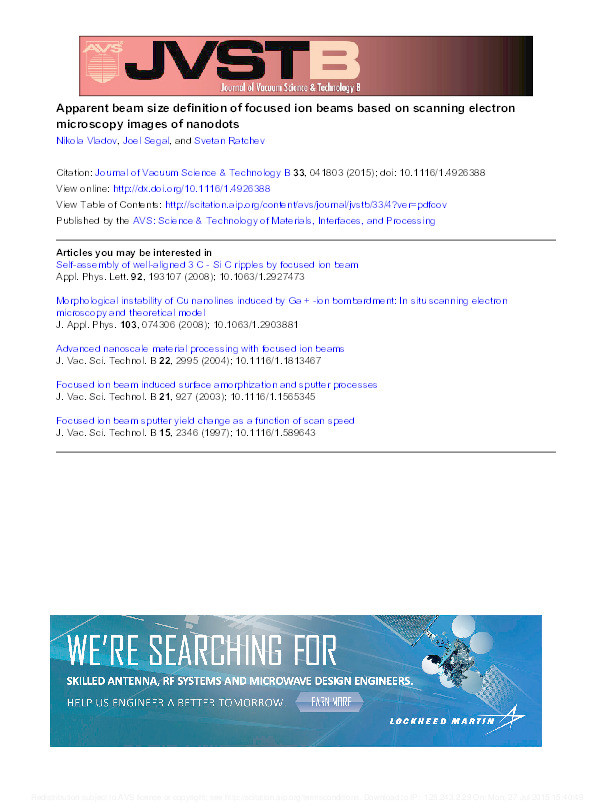 Apparent beam size definition of focused ion beams based on scanning electron microscopy images of nanodots Thumbnail