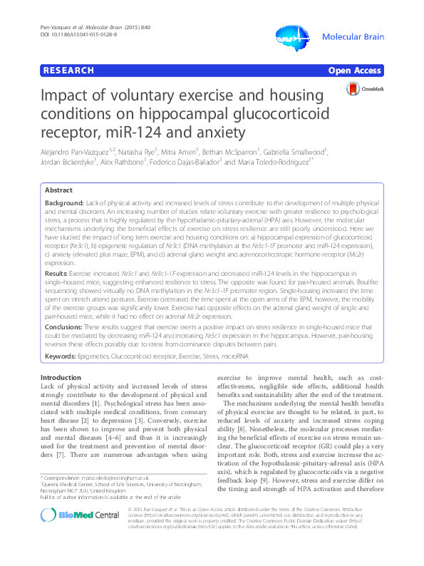 Impact of voluntary exercise and housing conditions on hippocampal glucocorticoid receptor, miR-124 and anxiety Thumbnail