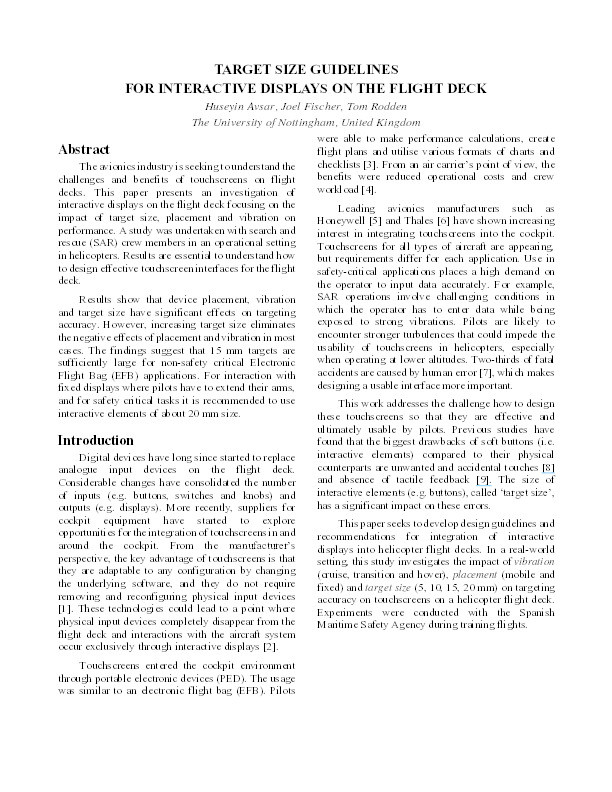 Target size guidelines for interactive displays on the flight deck Thumbnail