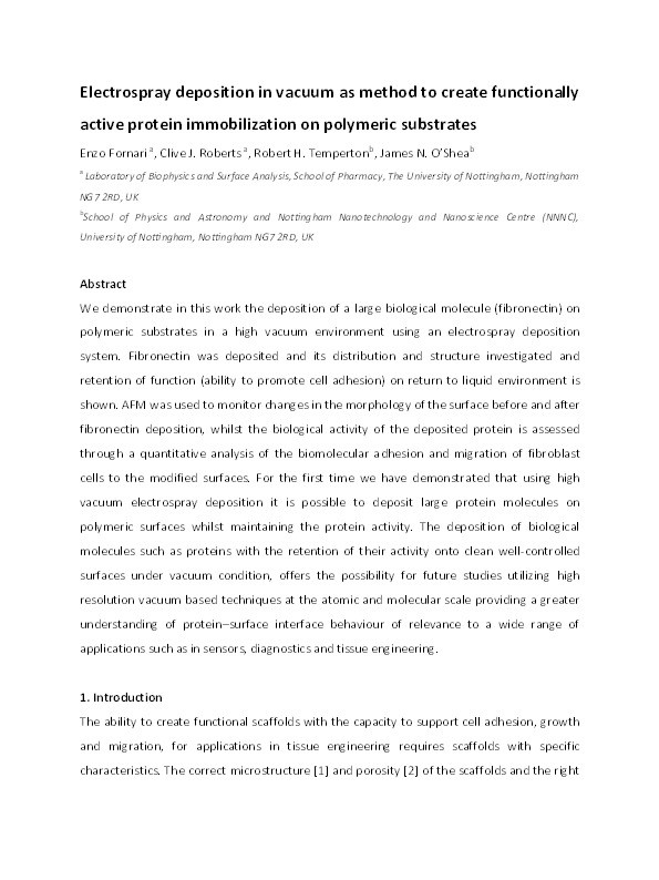 Electrospray deposition in vacuum as method to create functionally active protein immobilization on polymeric substrates Thumbnail