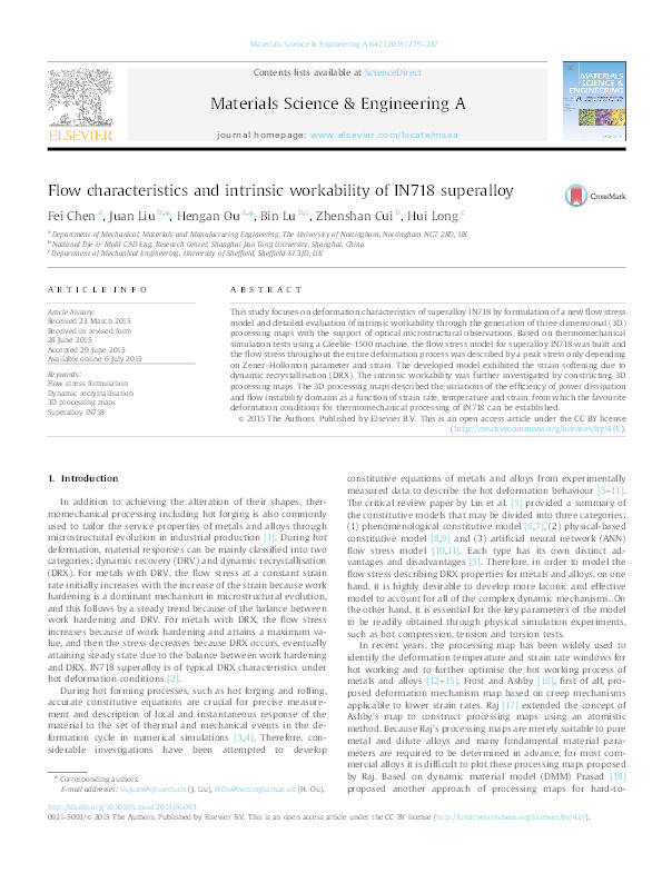 Flow characteristics and intrinsic workability of IN718 superalloy Thumbnail