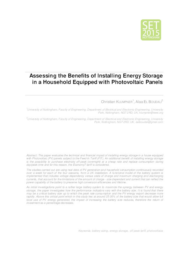 Assessing the benefits of installing energy storage in a household equipped with photovoltaic panels Thumbnail