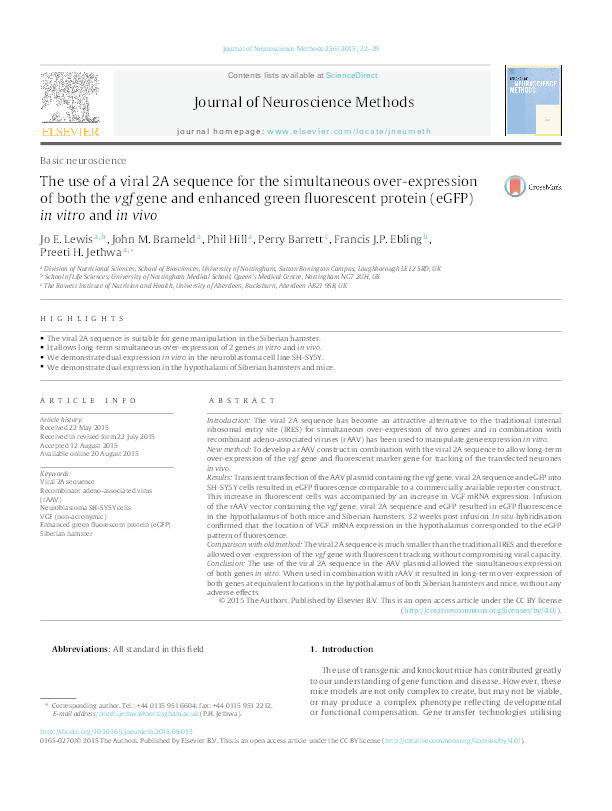 The use of viral 2A sequence for the simultaneous over-expression of both the vgf gene and enhanced green fluorescent protein eGFP Thumbnail