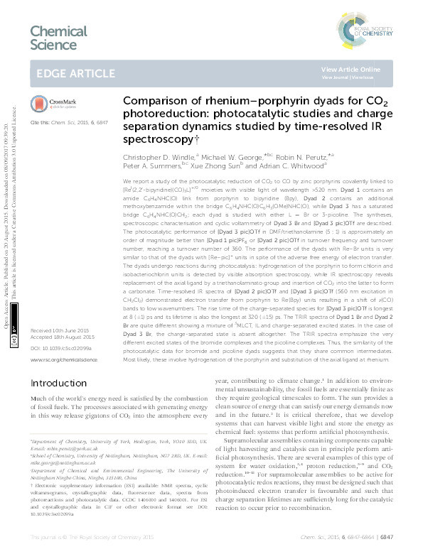 Comparison of rhenium–porphyrin dyads for CO₂ photoreduction: photocatalytic studies and charge separation dynamics studied by time-resolved IR spectroscopy Thumbnail