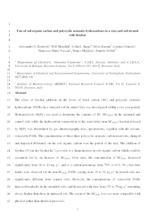 Fate of soil organic carbon and polycyclic aromatic hydrocarbons in a vineyard soil treated with biochar Thumbnail