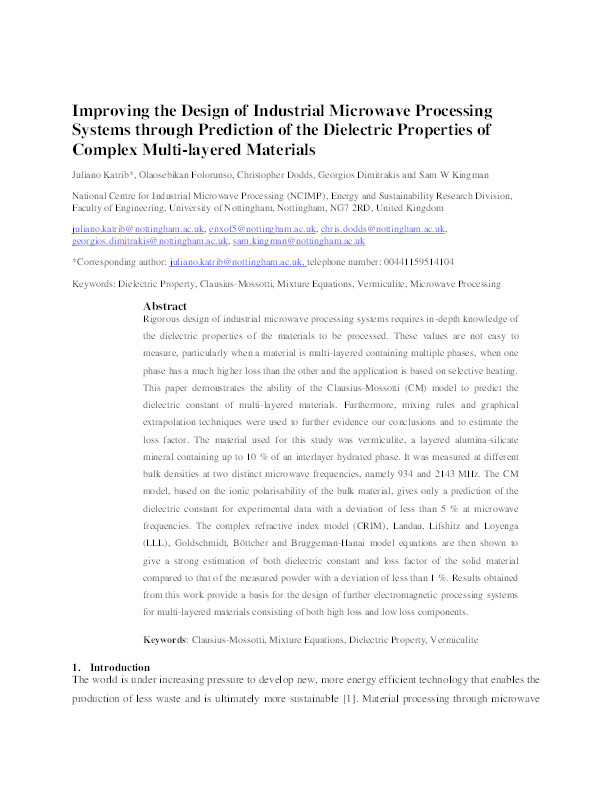 Improving the design of industrial microwave processing systems through prediction of the dielectric properties of complex multi-layered materials Thumbnail
