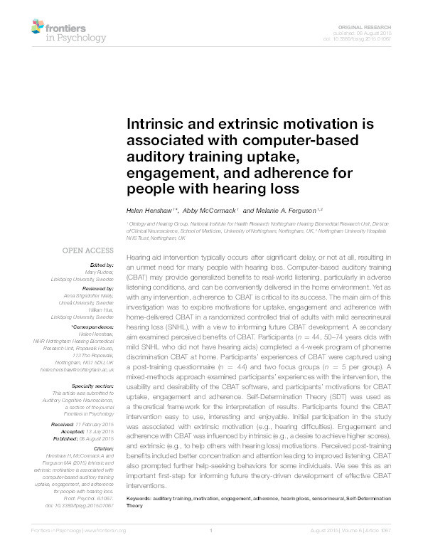 Intrinsic and extrinsic motivation is associated with computer-based auditory training uptake, engagement, and adherence for people with hearing loss Thumbnail