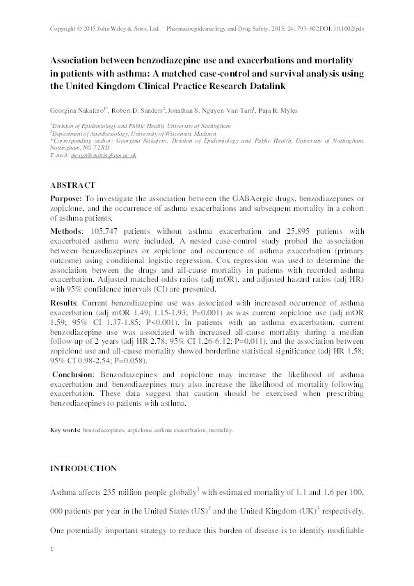 Association between benzodiazepine use and exacerbations and mortality in patients with asthma: a matched case-control and survival analysis using the United Kingdom Clinical Practice Research Datalink Thumbnail