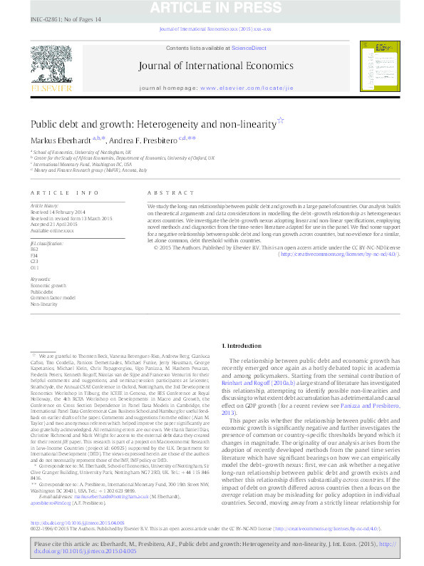 Public debt and growth: heterogeneity and non-linearity Thumbnail