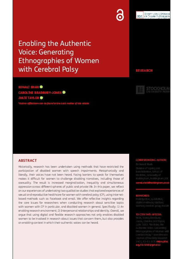 Enabling the Authentic Voice: Generating Ethnographies of Women with Cerebral Palsy Thumbnail