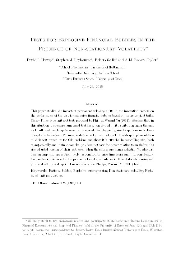 Tests for explosive financial bubbles in the presence of non-stationary volatility Thumbnail