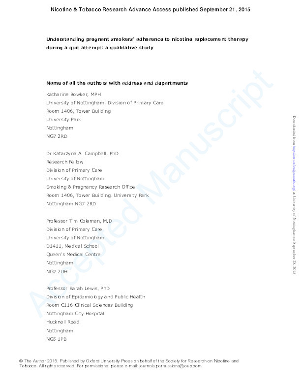 Understanding pregnant smokers’ adherence to nicotine replacement therapy during a quit attempt: a qualitative study Thumbnail