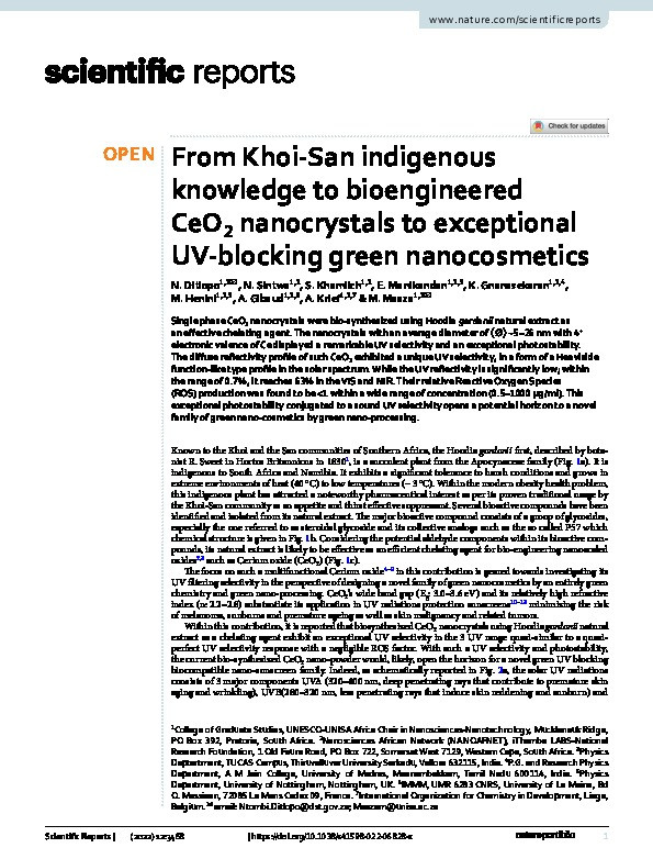 From Khoi-San indigenous knowledge to bioengineered CeO2 nanocrystals to exceptional UV-blocking green nanocosmetics Thumbnail